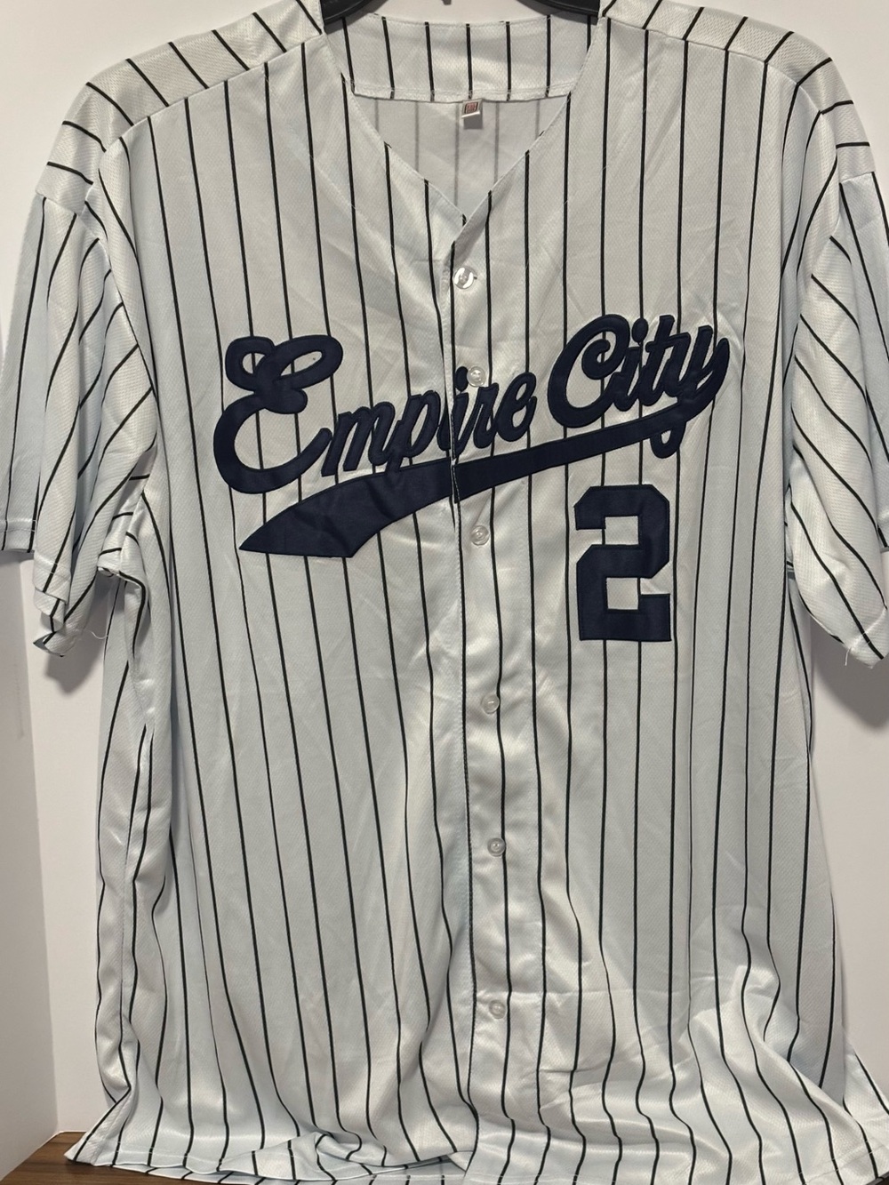 Source Unknown White Pinstripe Jersey with Navy Script